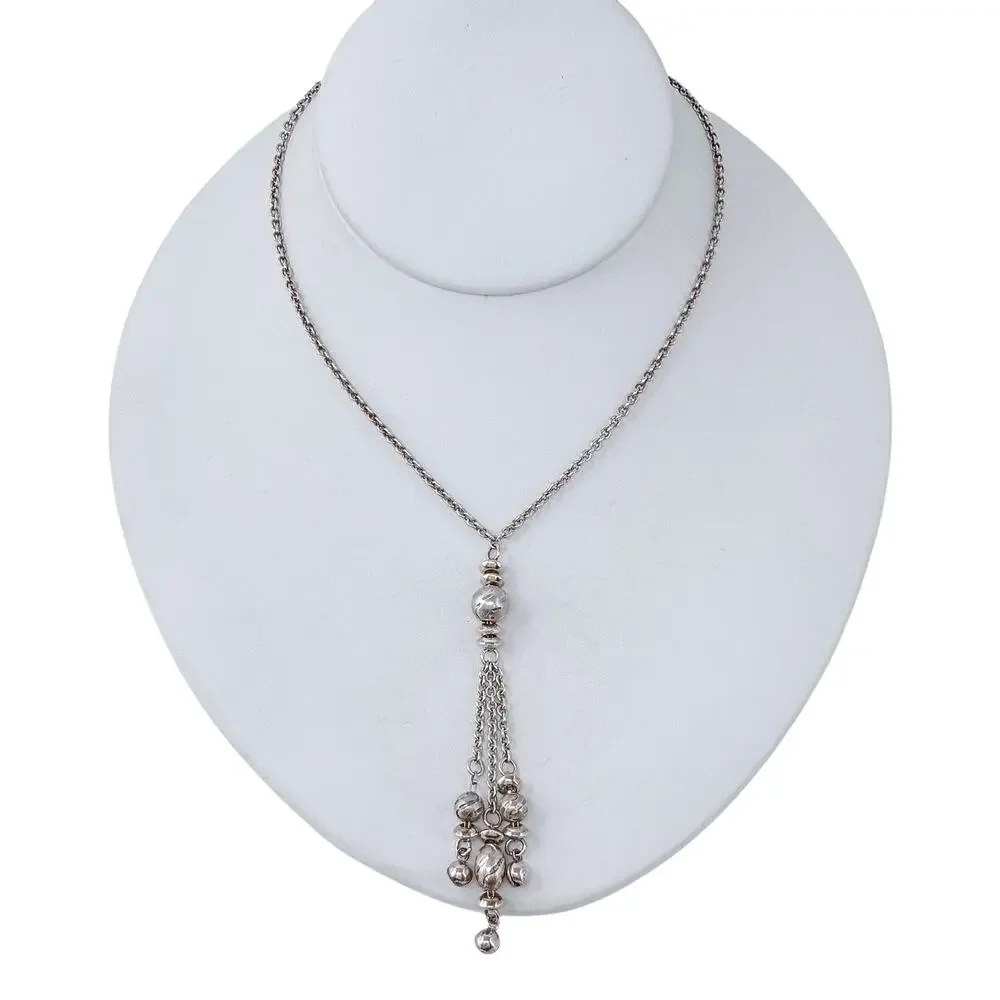 Vintage Sterling Silver 925 Beaded Tassel Drop Necklace 17" - Picture 3 of 7